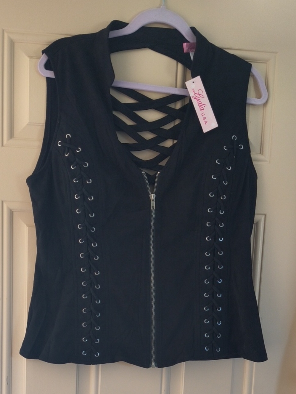 Lydia USA Black Lace-Up Zip Front Tank